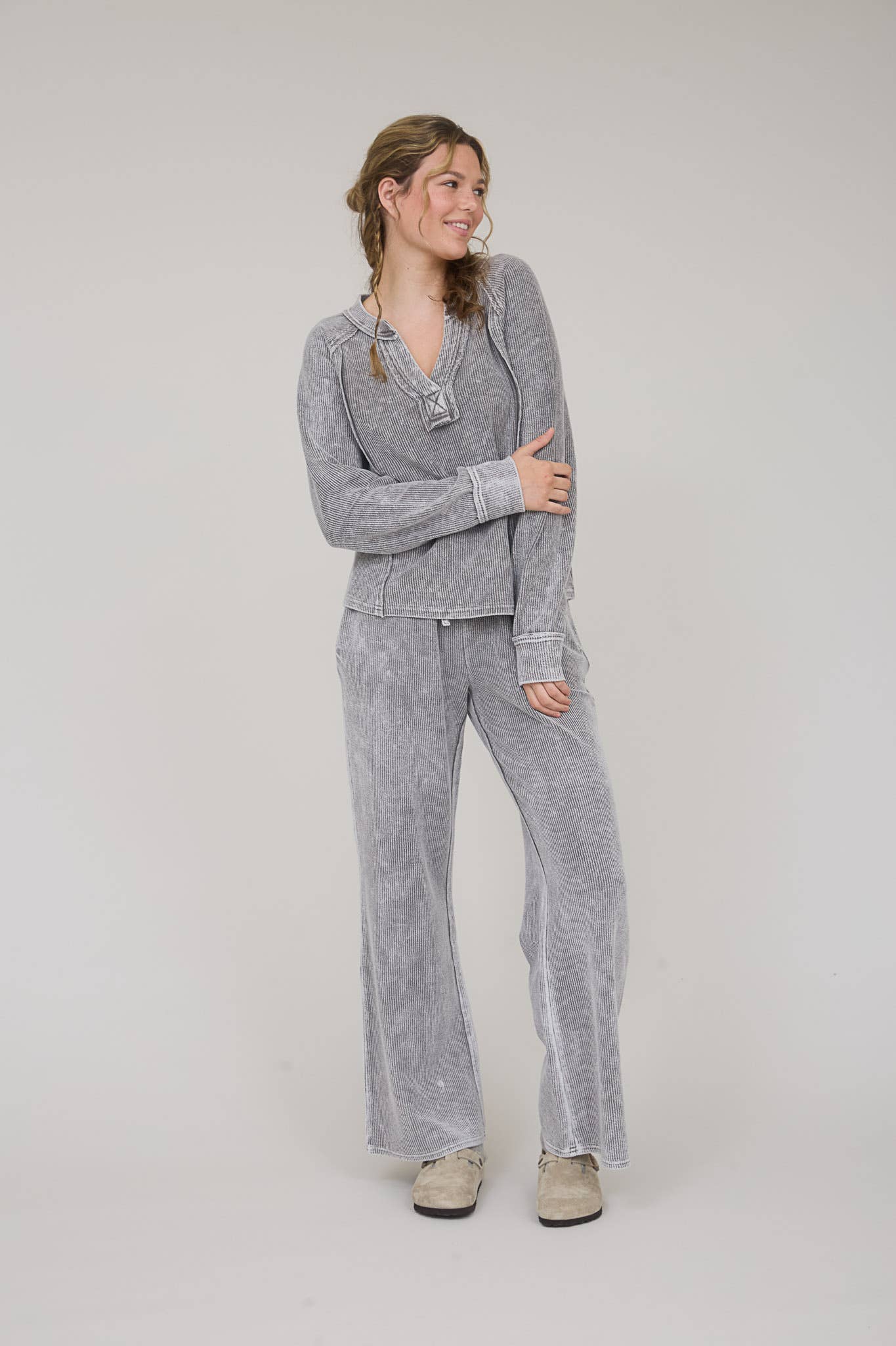WASHED HIGH WAIST DRAWSTRING LOUNGE PANTS