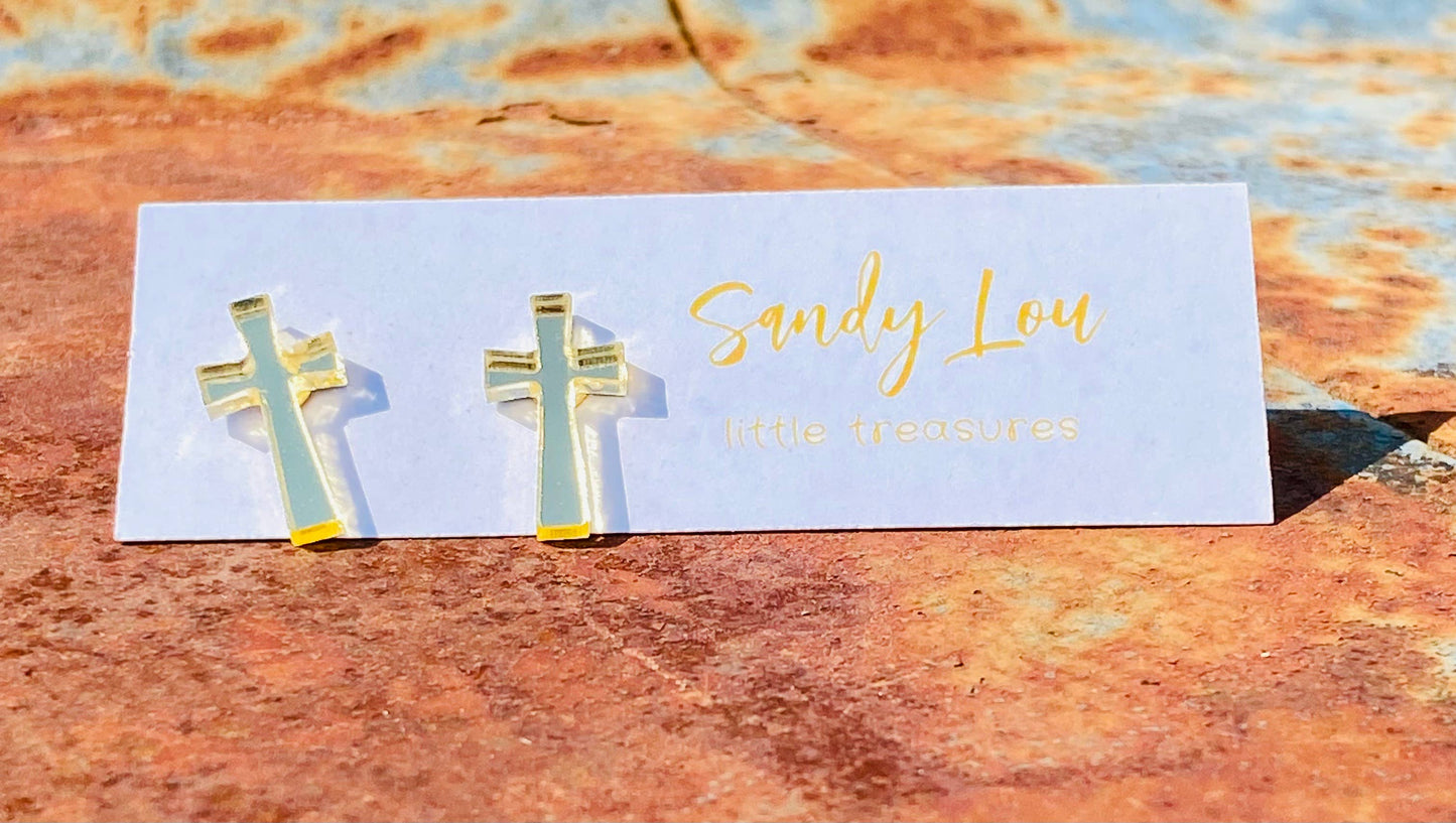 Little Treasures Gold Mirror Cross Studs