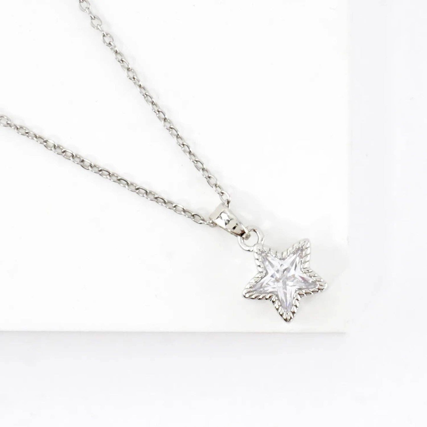 Tiny Bezel Set Star Shape CZ Stainless Necklace