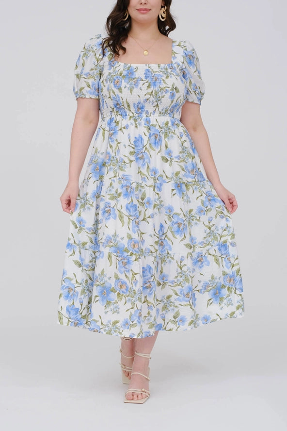 Plus Floral Smocked Bust Midi Dress- BLUE