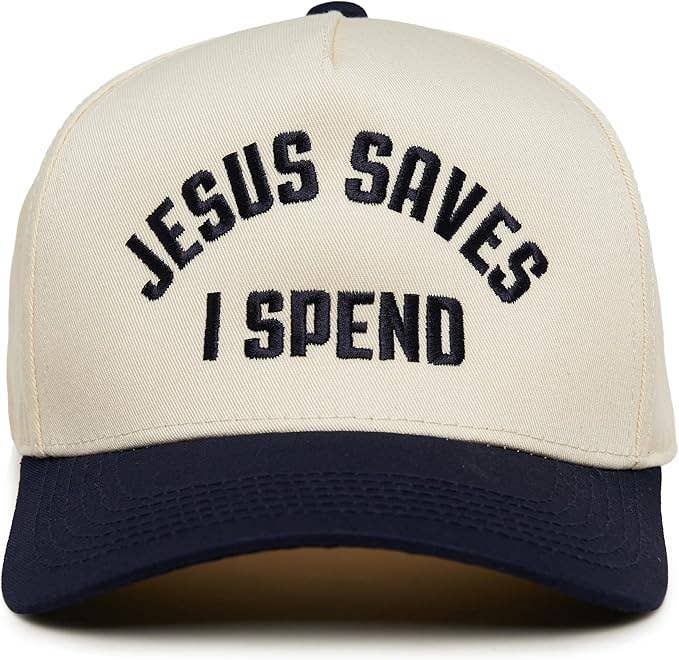 2-Tone Embroidered Cap - Jesus Saves I Spend - Navy/Beige