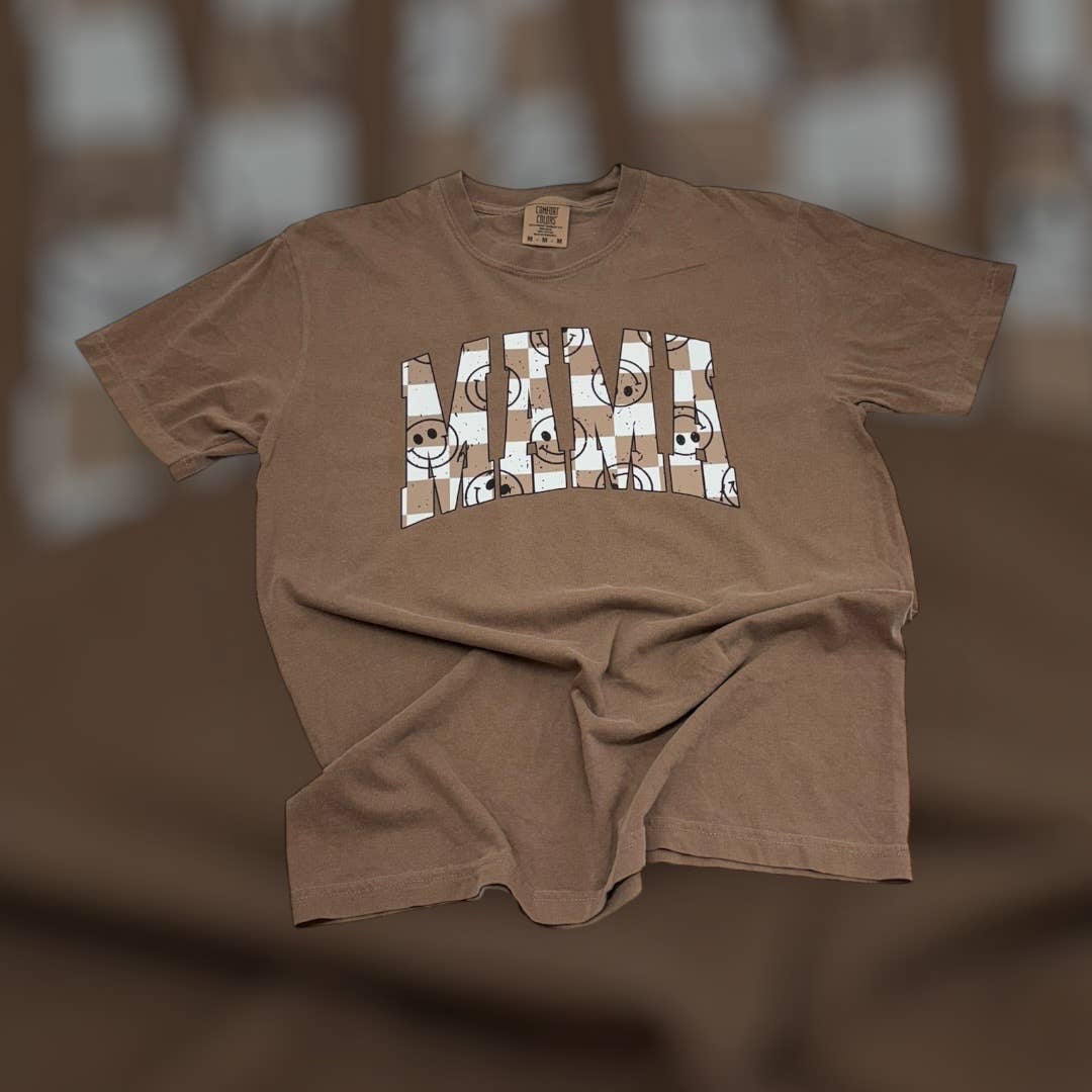 Mama Smiley Brown Checkered Comfort Colors T-Shirt