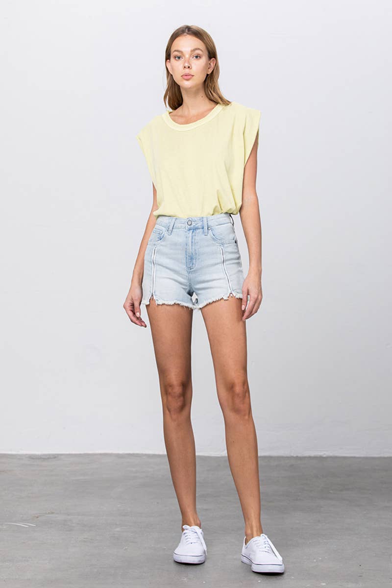 High Rise Front Zip Frayed Hem Denim Shorts