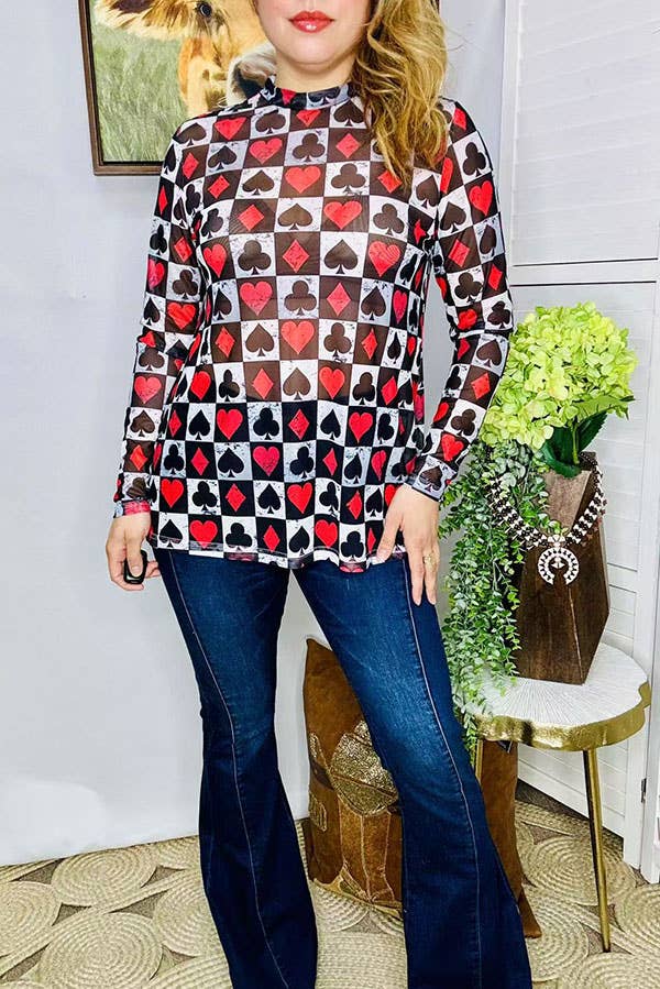 Women's poker printed long sleeve mesh top XCH16104