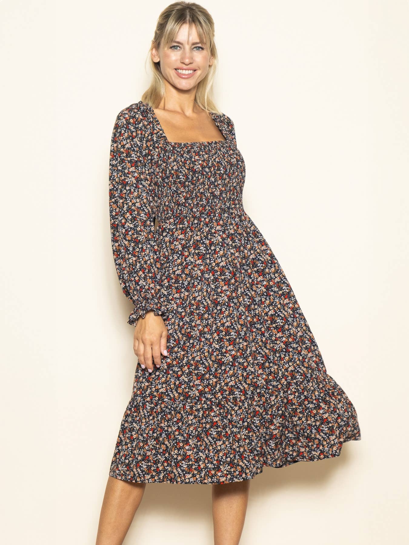 Velvet Back Tie Long Sleeve Winter Midi Dress with Pockets