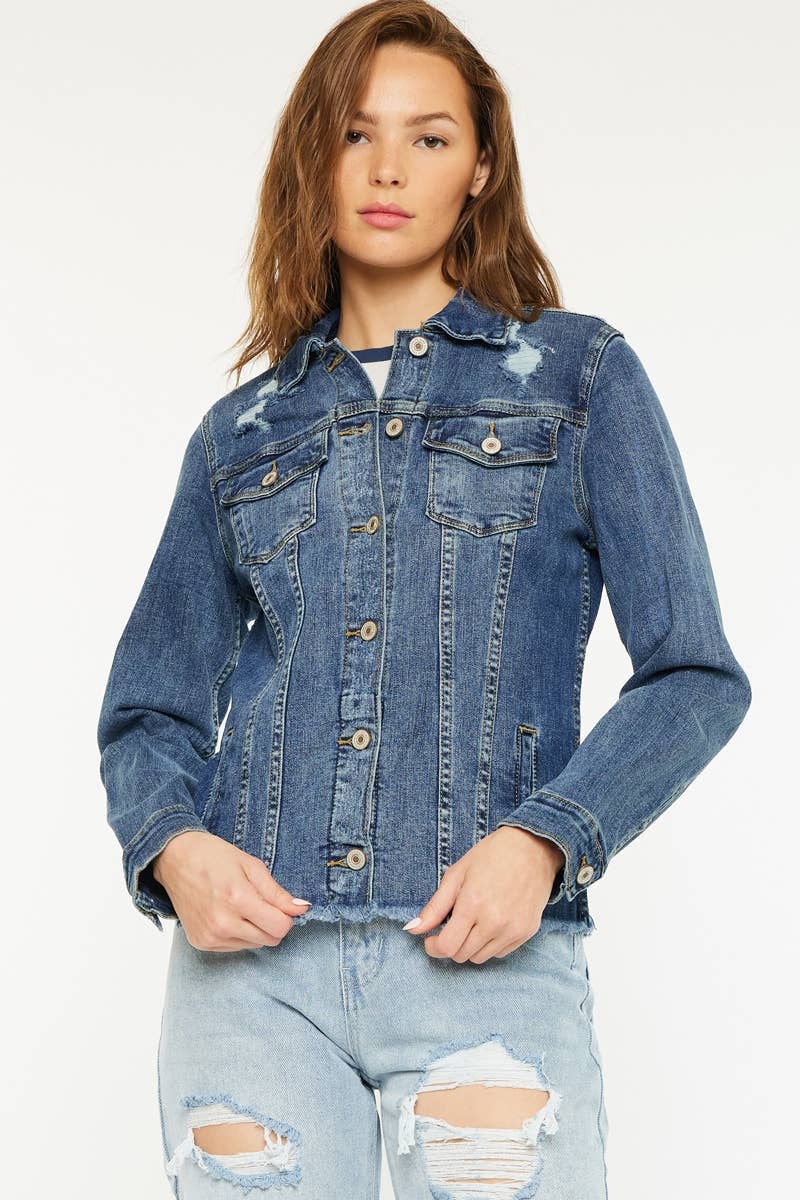 FRAY HEM TRUCKER COMFORT STRETCH DENIM JACKET