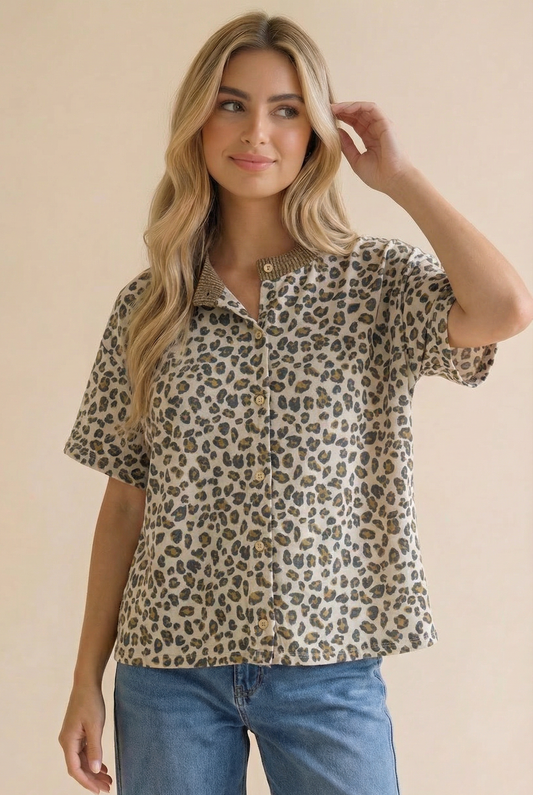 Leopard Print Button Down French Terry Cardigan