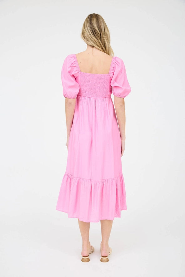 Pleated Puff Sleeve Midi Dress- PINK