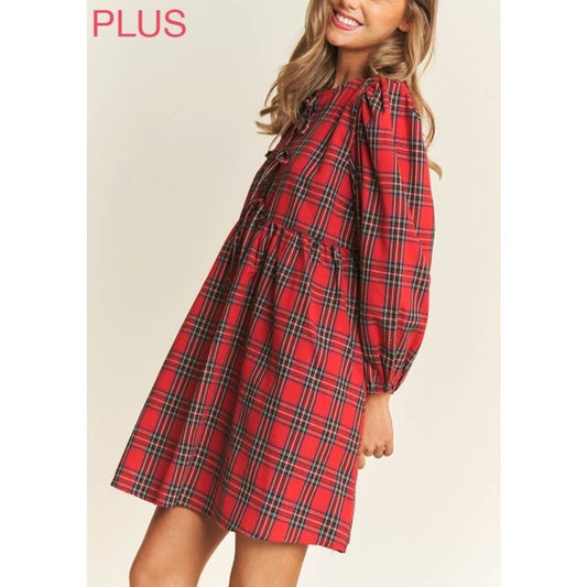 PLUS SOFT PLAID BABYDOLL BOW MINI DRESS