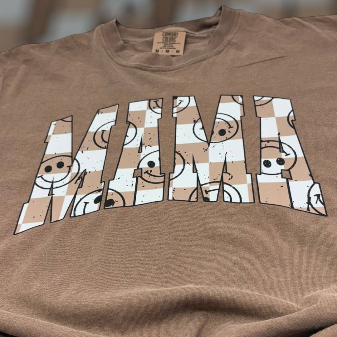 Mama Smiley Brown Checkered Comfort Colors T-Shirt