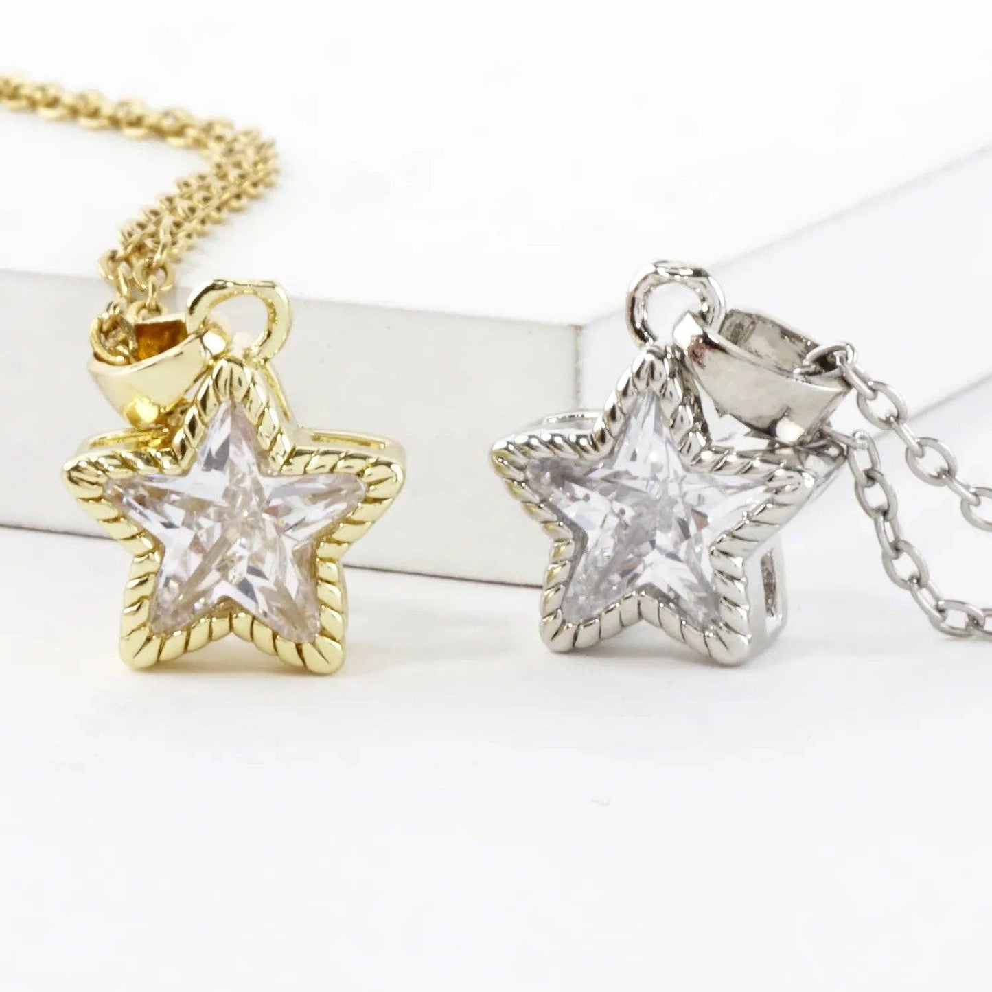 Tiny Bezel Set Star Shape CZ Stainless Necklace
