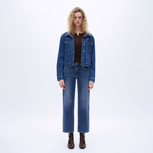 High Rise Rhinestone Wide Leg Ankle Jeans for Women OSWM8008