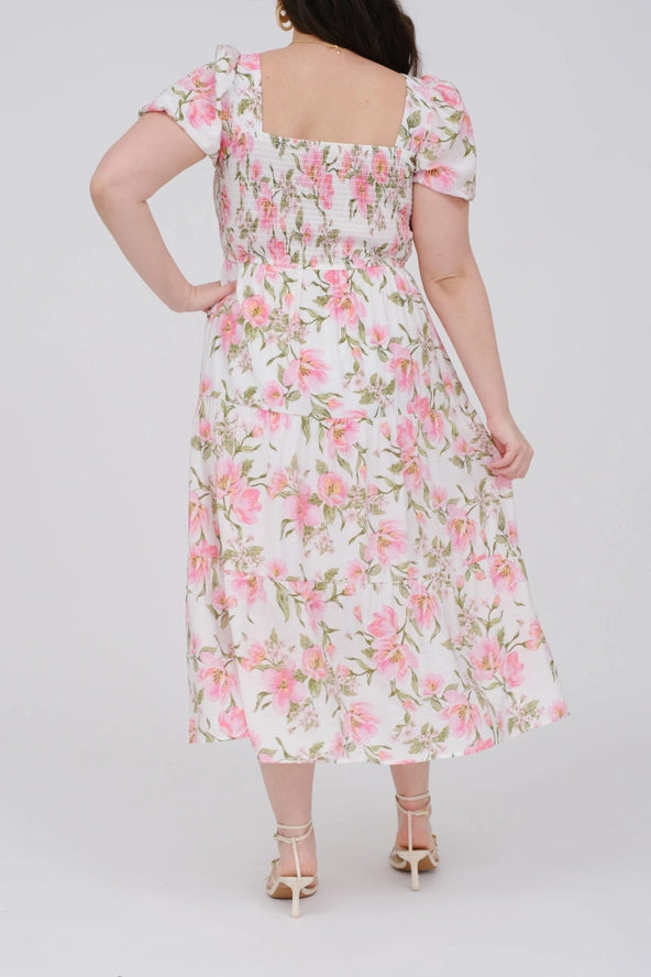 Plus Floral Smocked Bust Midi Dress- PINK