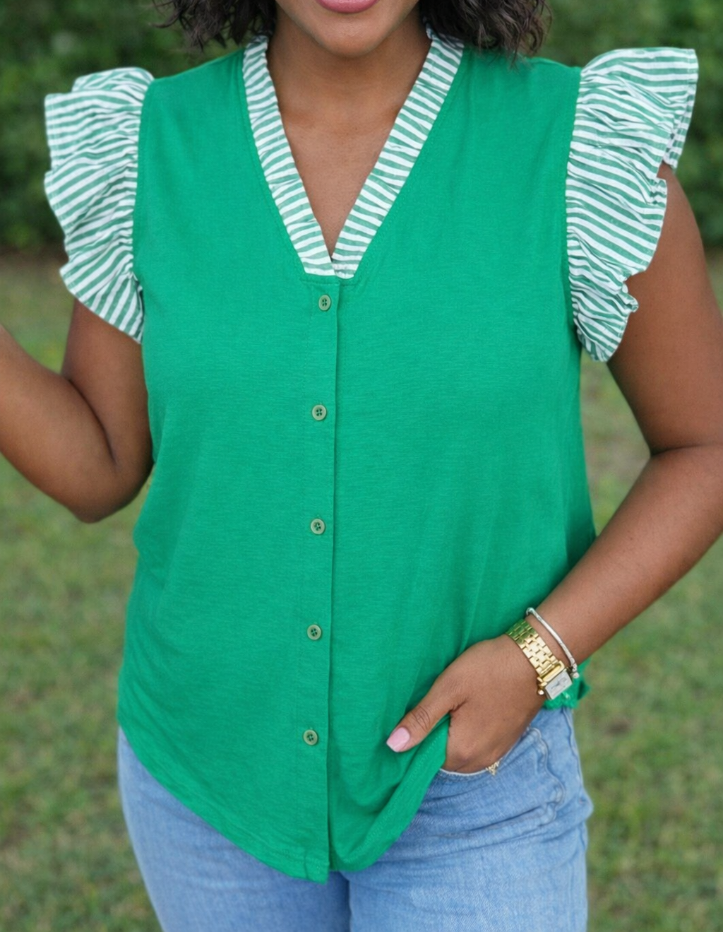 Green Plus Stripe Trim Blouse February.