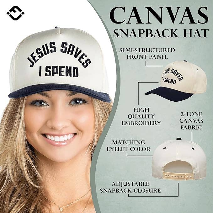 2-Tone Embroidered Cap - Jesus Saves I Spend - Navy/Beige