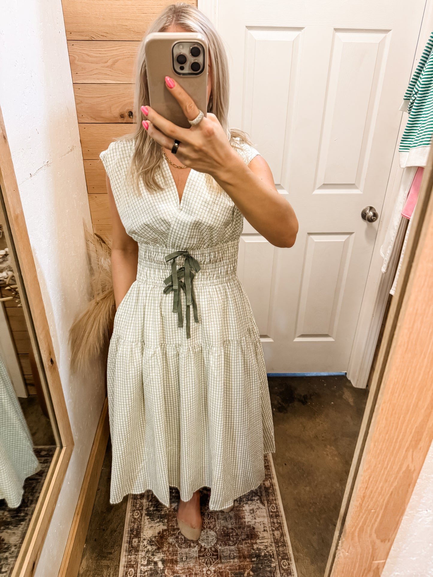 Plaid Surpliced Front Bow Tie Waist Midi Dress