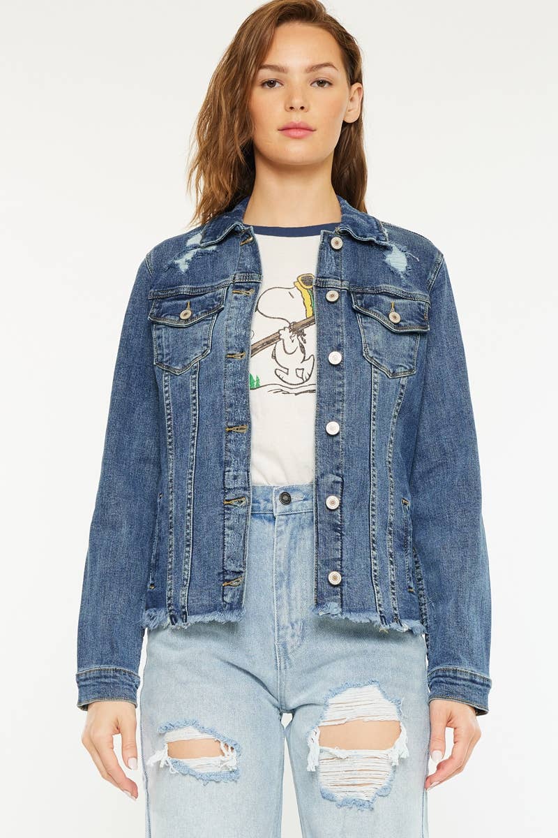 FRAY HEM TRUCKER COMFORT STRETCH DENIM JACKET