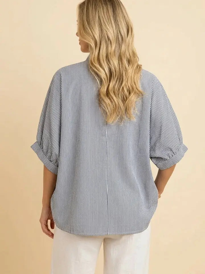 Pinstripe V-Neck Tunic Multi-Tone Contrast Collar