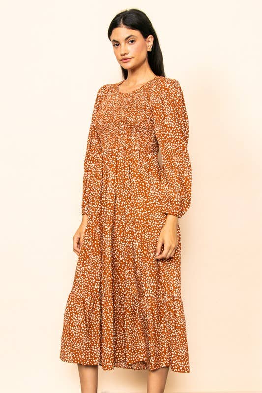 Smocked Chest Wide Flare Tiered Midi Dress w Pockets