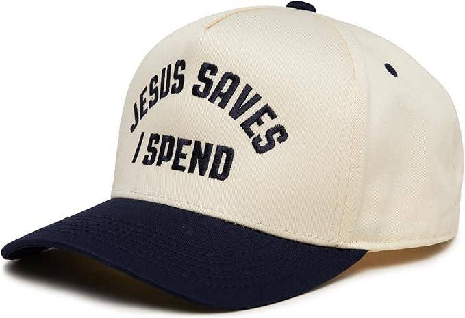 2-Tone Embroidered Cap - Jesus Saves I Spend - Navy/Beige