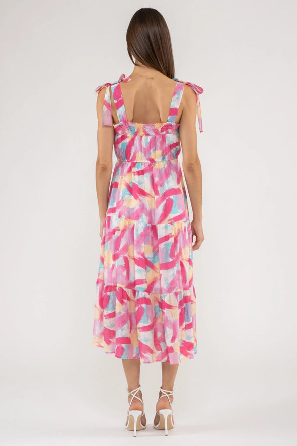 Brush Stroke Painted Midi Dress: PINK MULTI