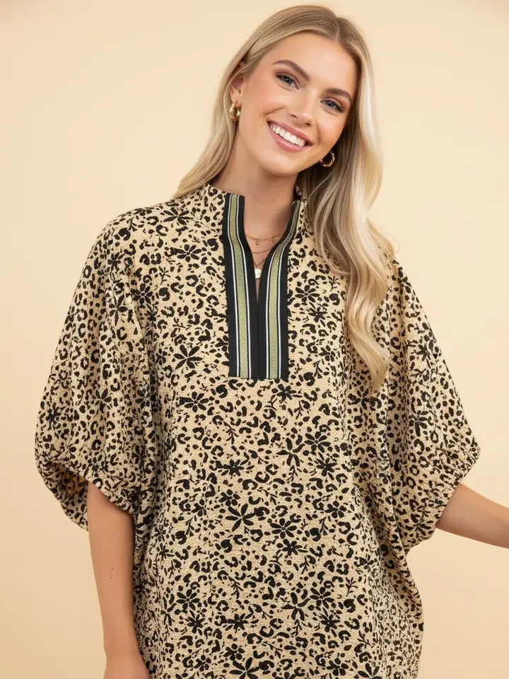 Animal Print V-Neck Blouse with Contrast Trim