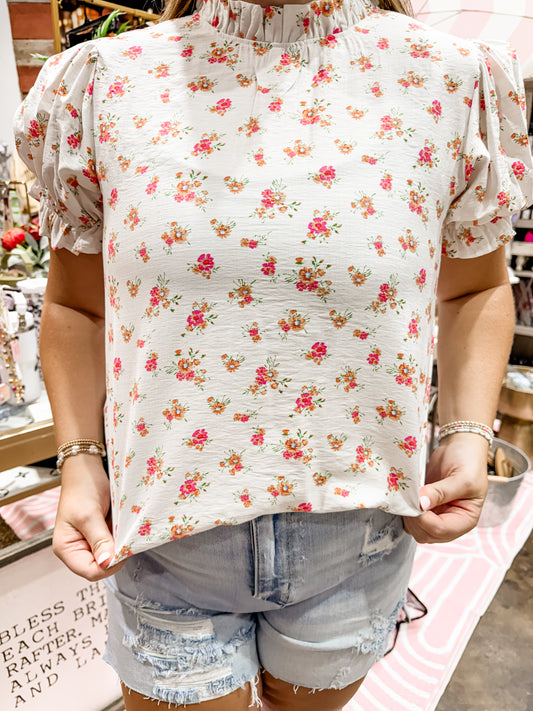High Collar Floral Ruffled Top