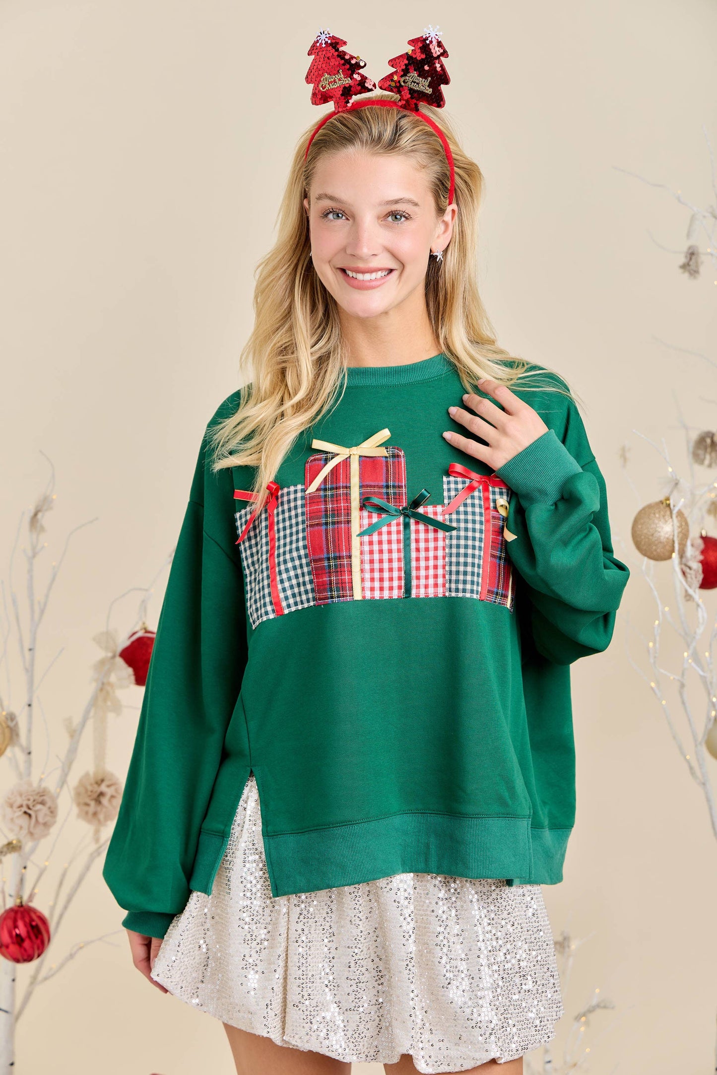 Christmas Sweatshirt Featuring Patchwork Gift box