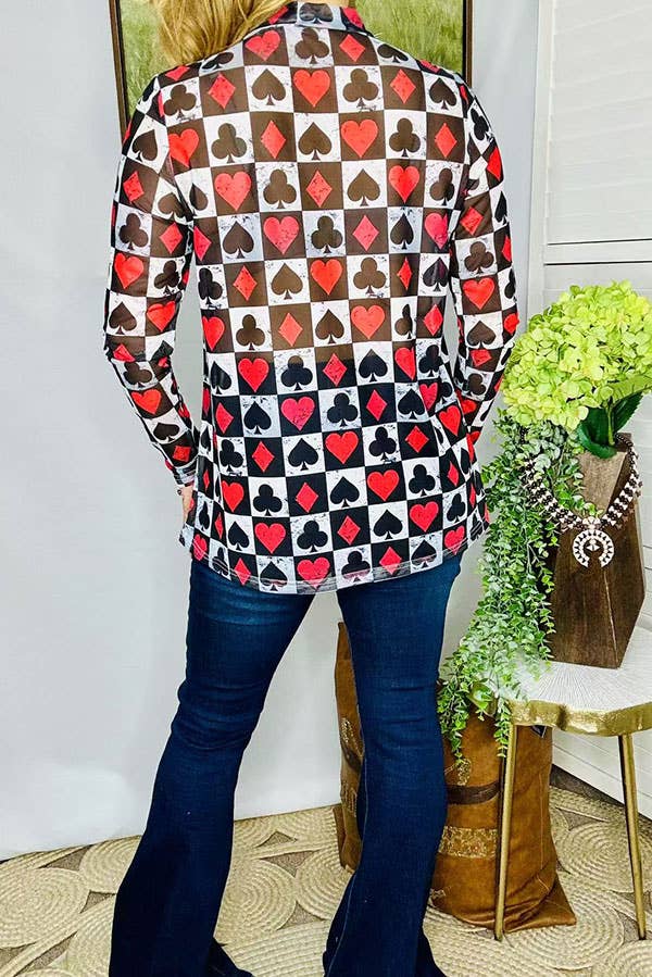 Women's poker printed long sleeve mesh top XCH16104