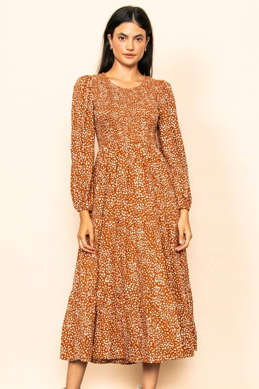 Smocked Chest Wide Flare Tiered Midi Dress w Pockets