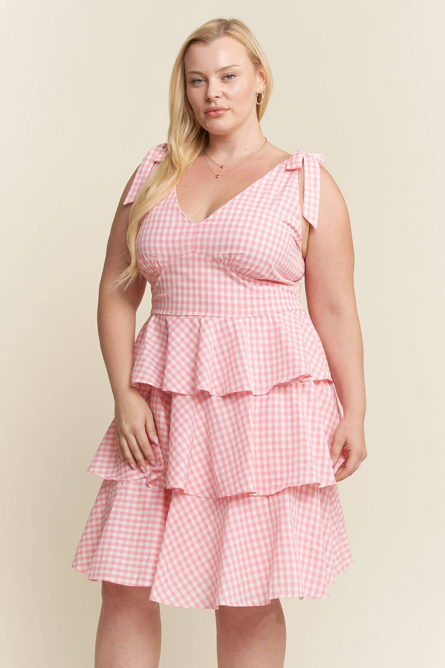 PLUS SIZE GINGHAM TIERED MINI DRESS