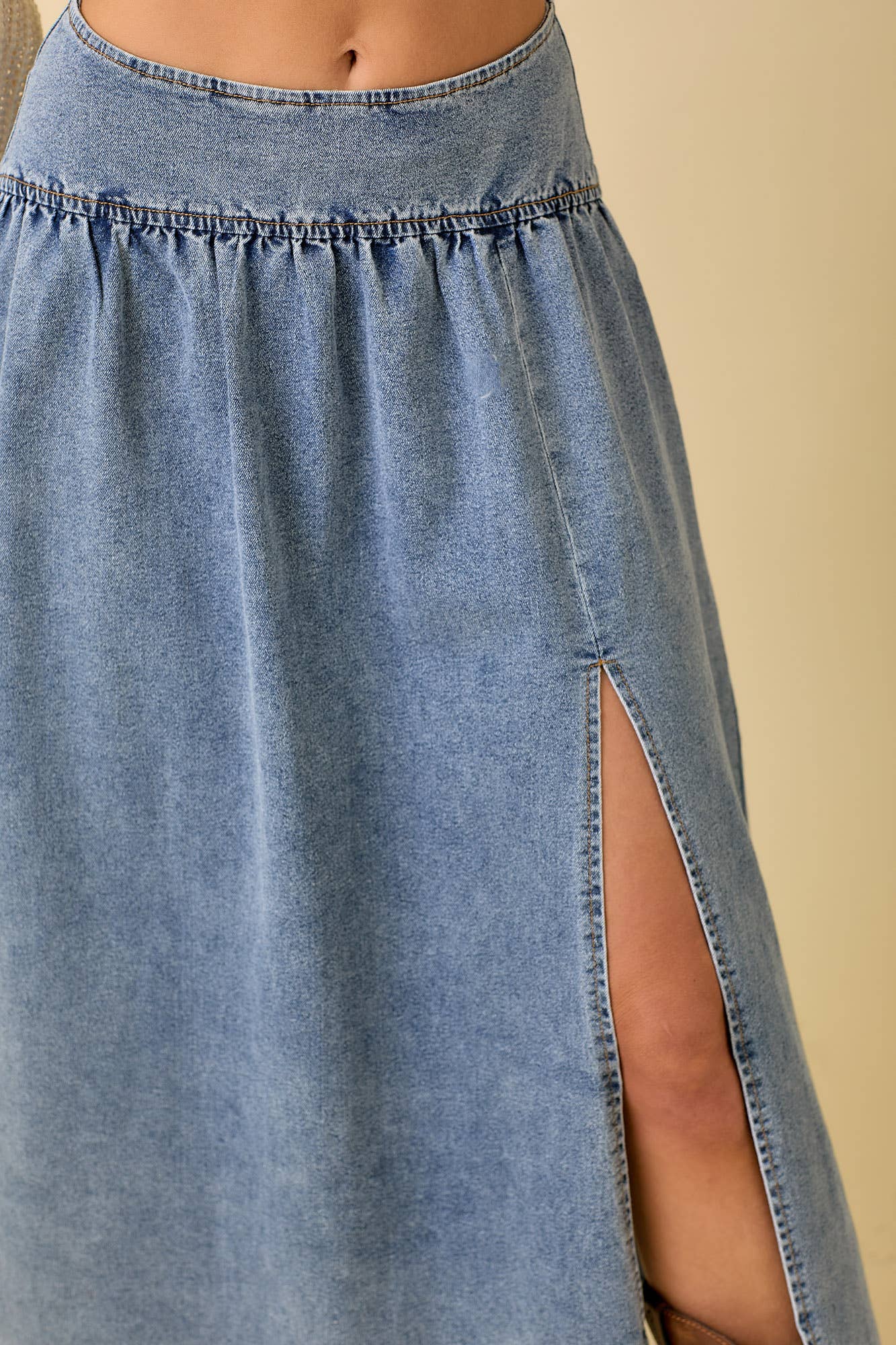 Midi Denim Skirt With Center Thigh Slit