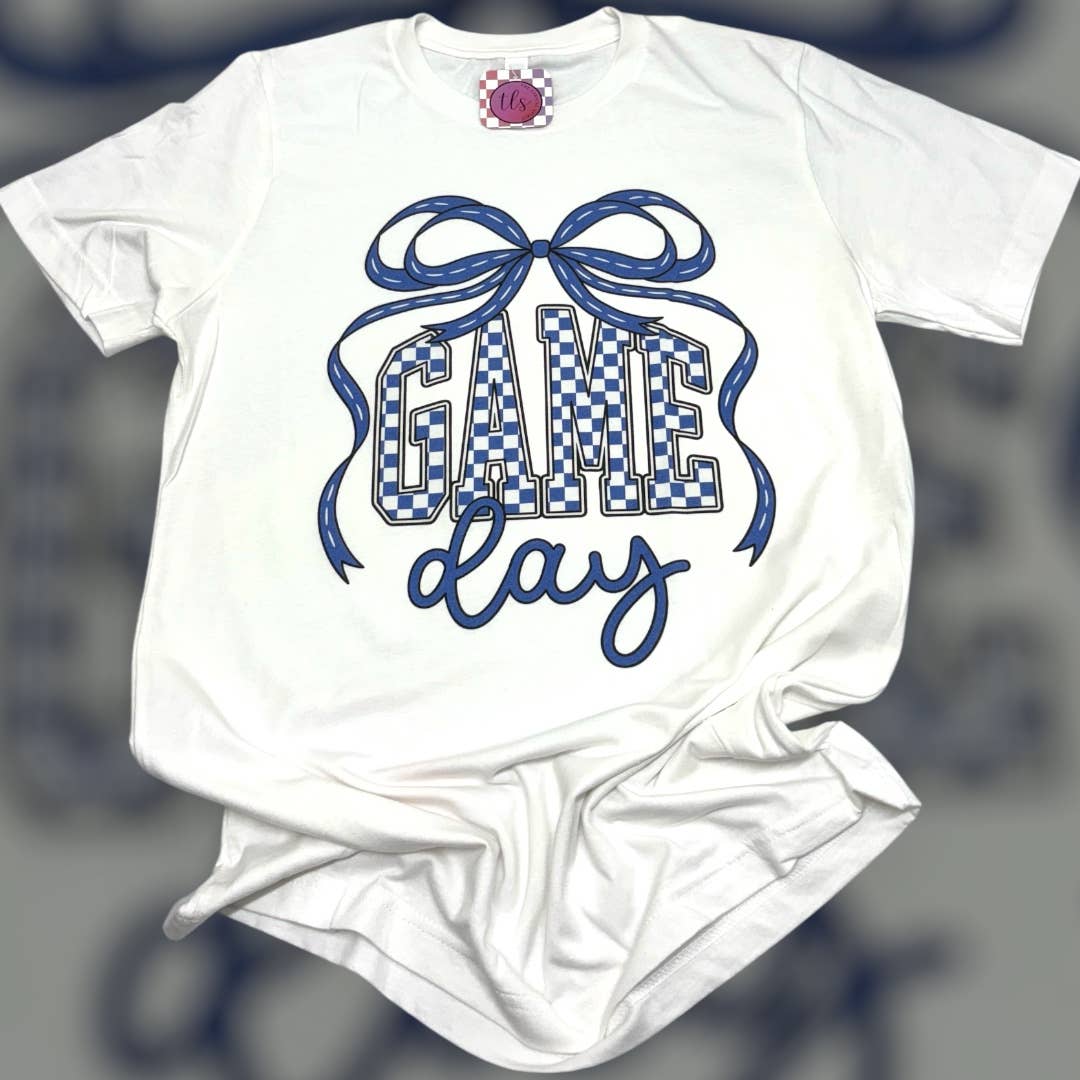 Game Day Blue Checkered Bow White T-Shirt