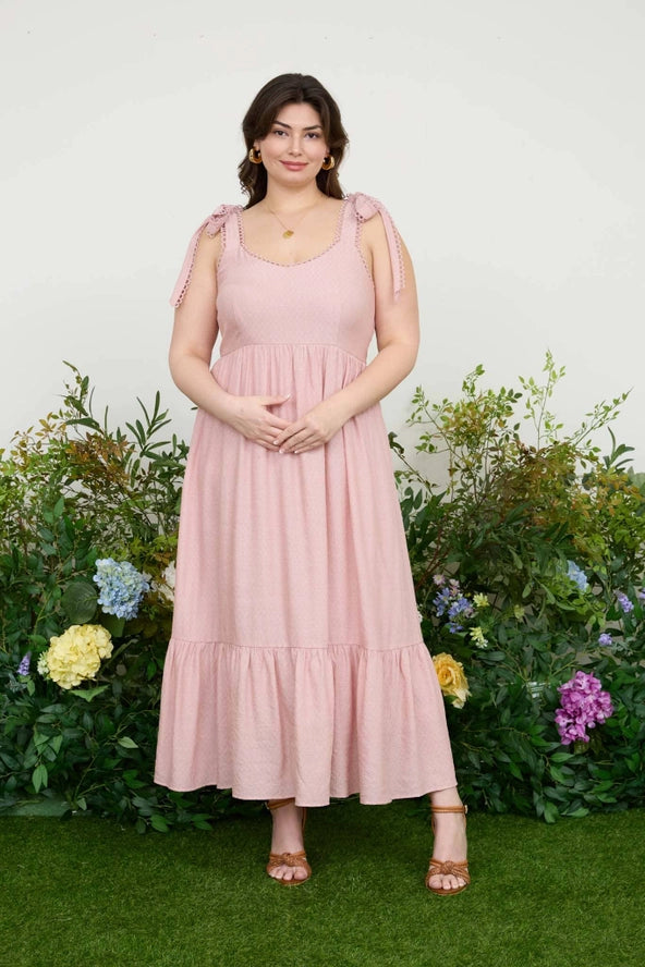 Plus Scallop Eyelet Trim Midi Dress- LIGHT PINK