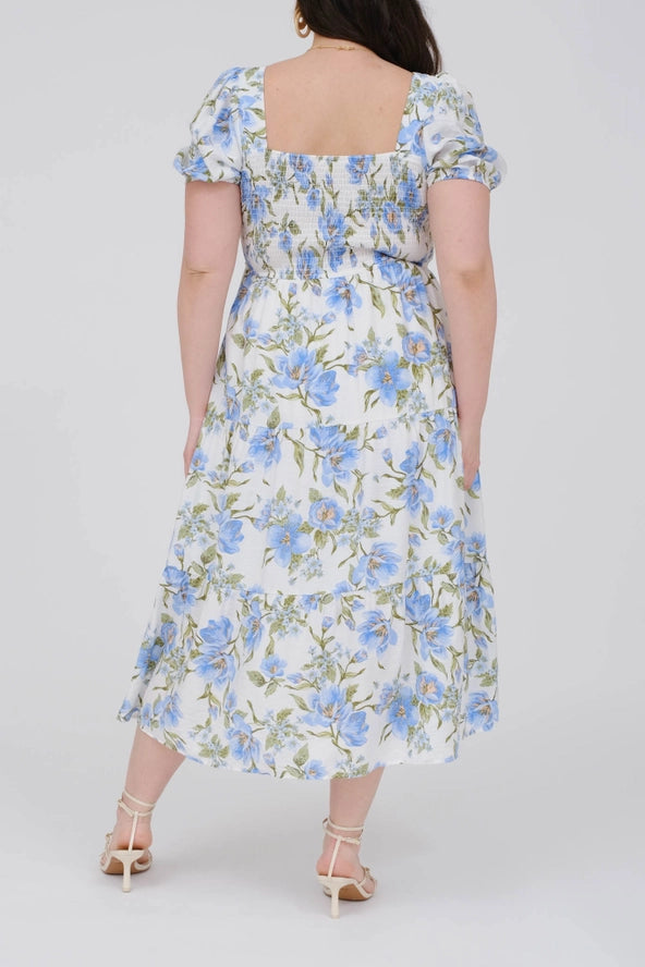 Plus Floral Smocked Bust Midi Dress- BLUE