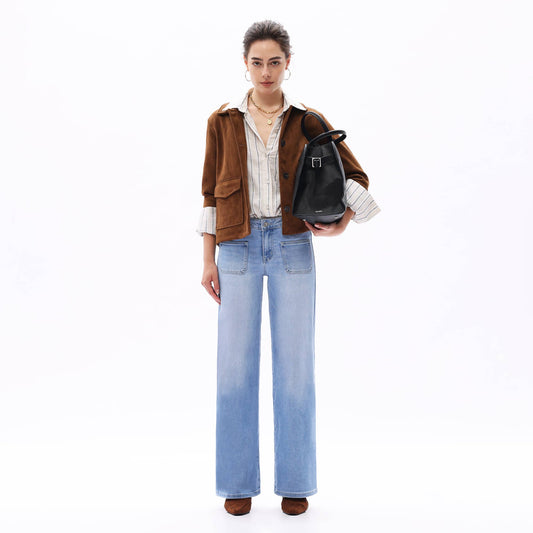 Mid Rise Wide Leg Front Patch Pockets Denim Jeans OSW8018