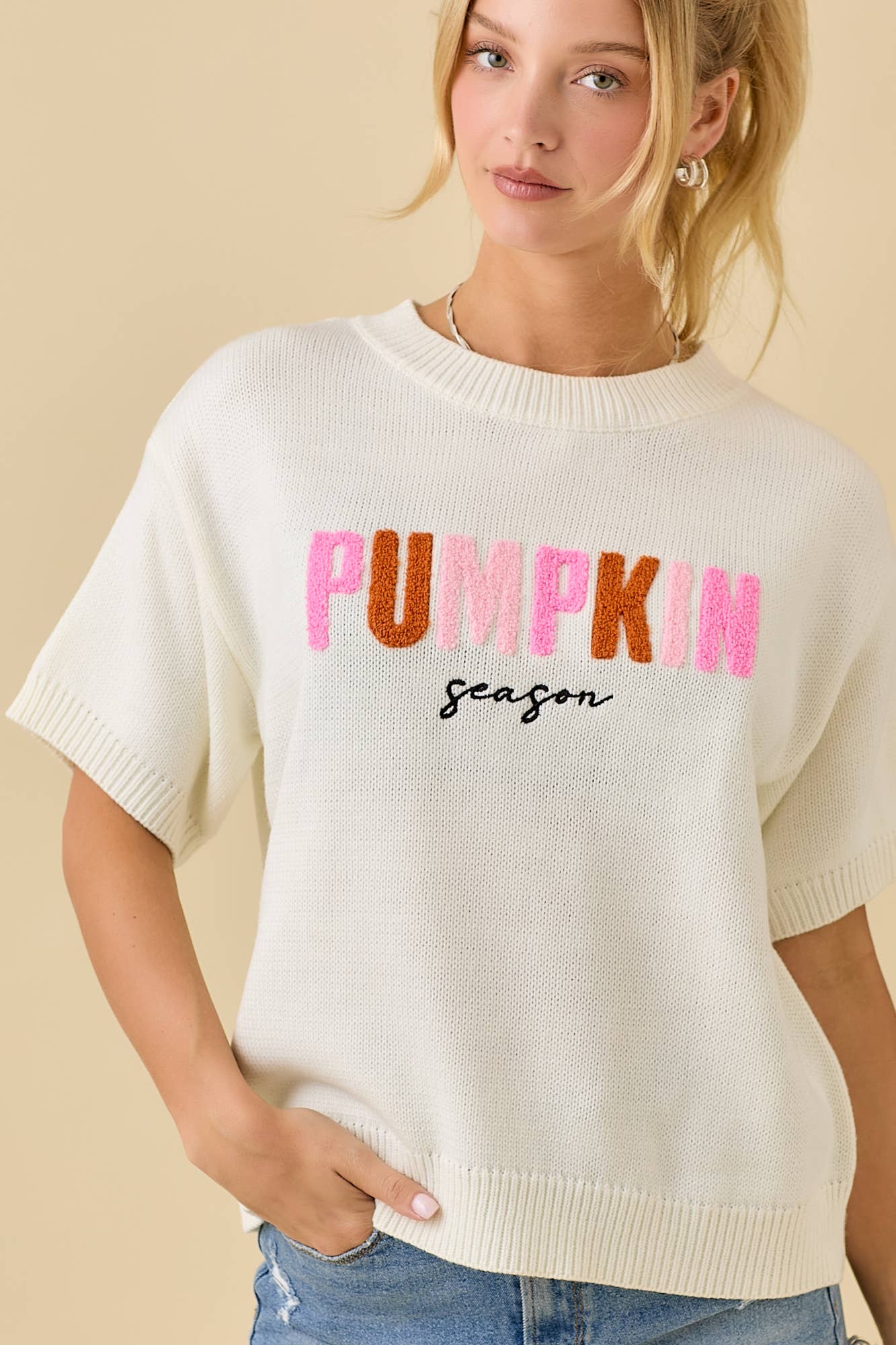 Pumpkin Season Embroidered Short Sleeve Boxy Sweater Top