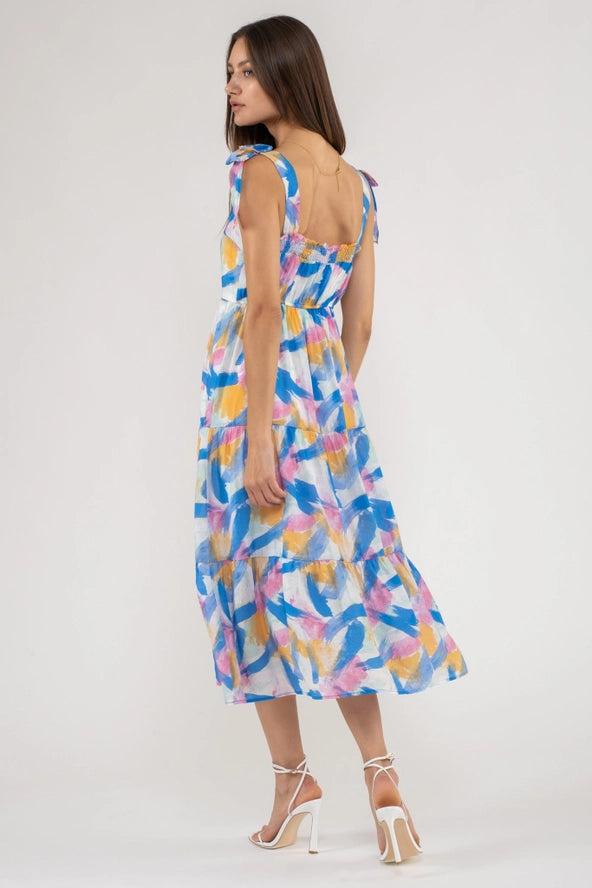 Brush Stroke Paint Midi Dress- BLUE MULTI