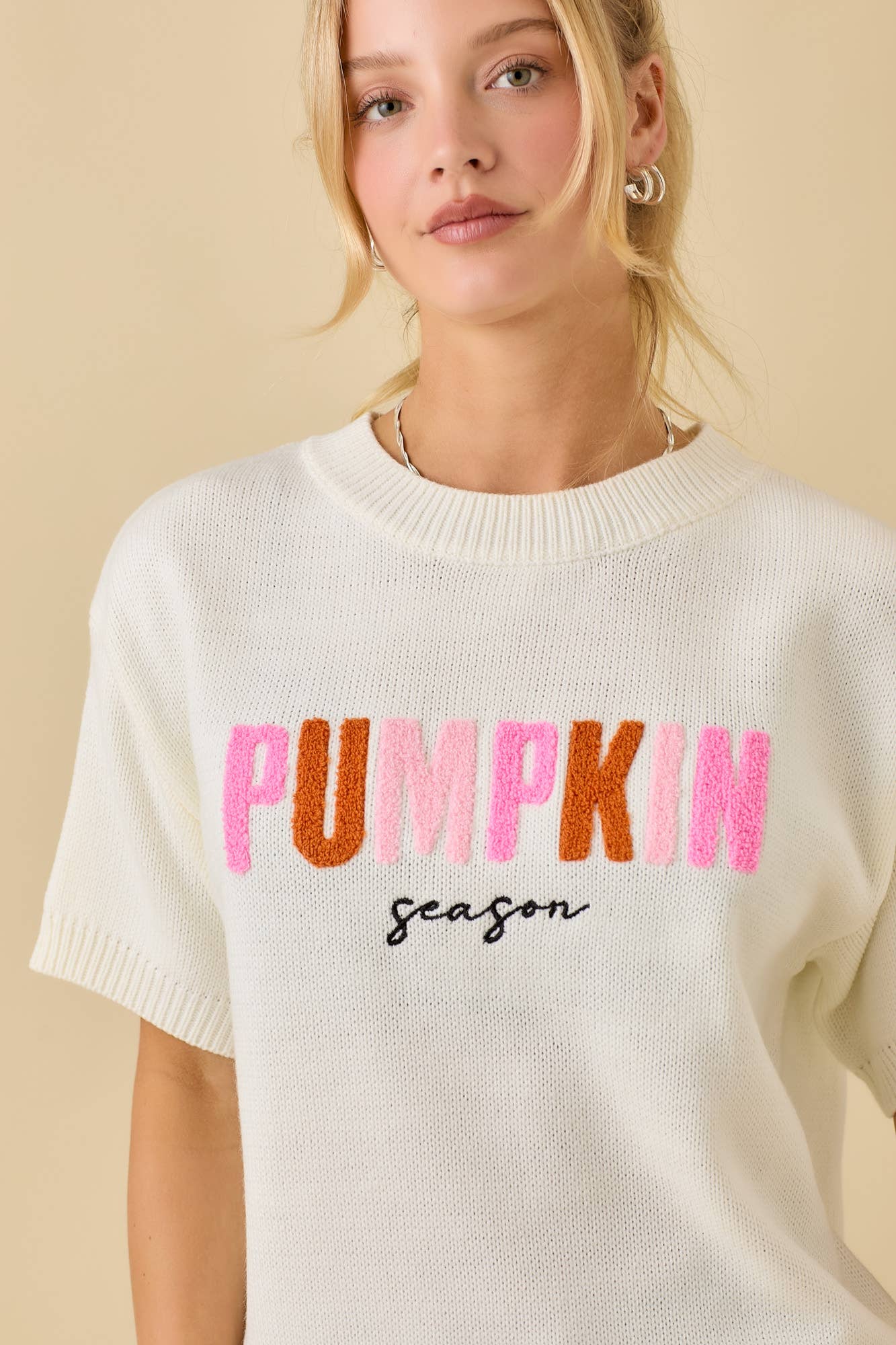 Pumpkin Season Embroidered Short Sleeve Boxy Sweater Top