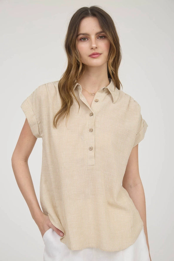 Stripe Collared Short Sleeve- KHAKI