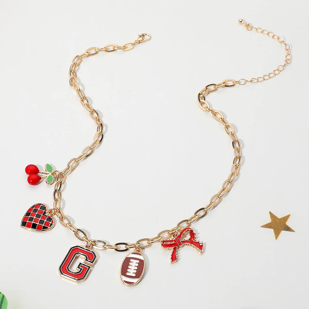 Football Theme Bow Cherry Heart Charm Station Necklace