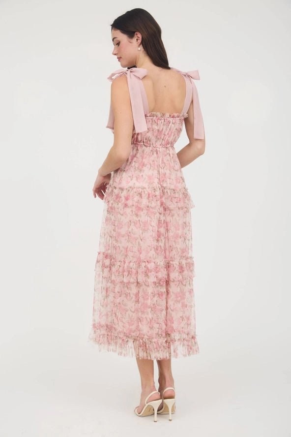Floral Ruffle Trim Maxi Dress- Pink Multi