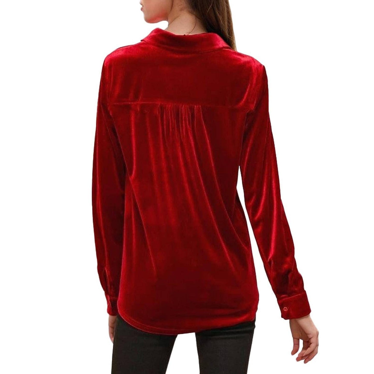 Pleione Women's Button Down Velvet Shirt Blouse in Red