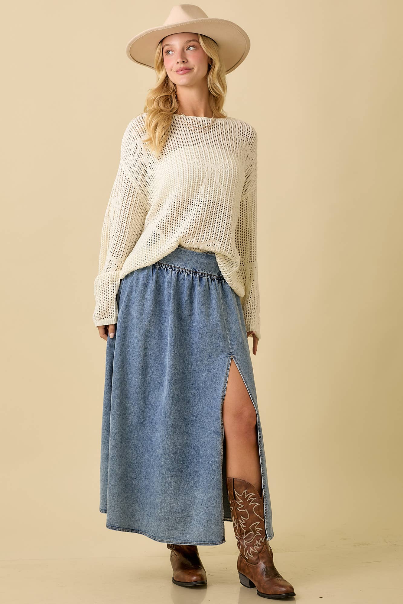 Midi Denim Skirt With Center Thigh Slit
