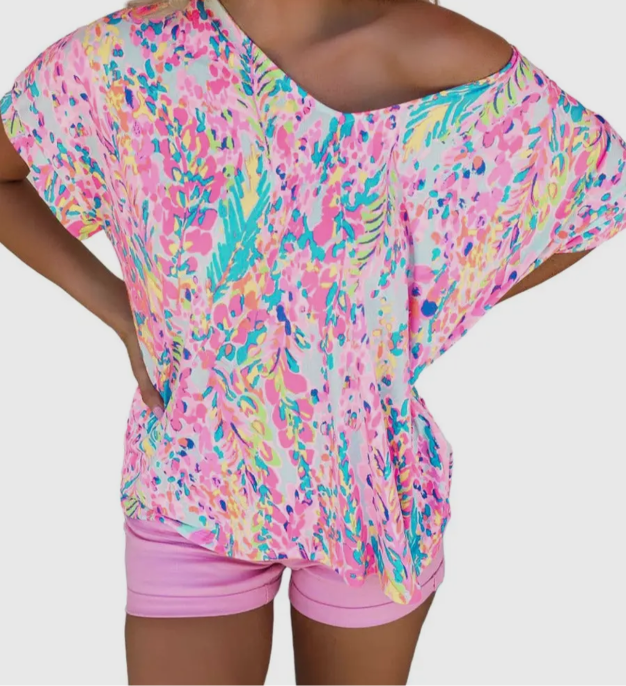 Pink Floral V Neck