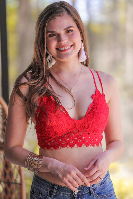 Ella Lace Scalloped Bralette: Red