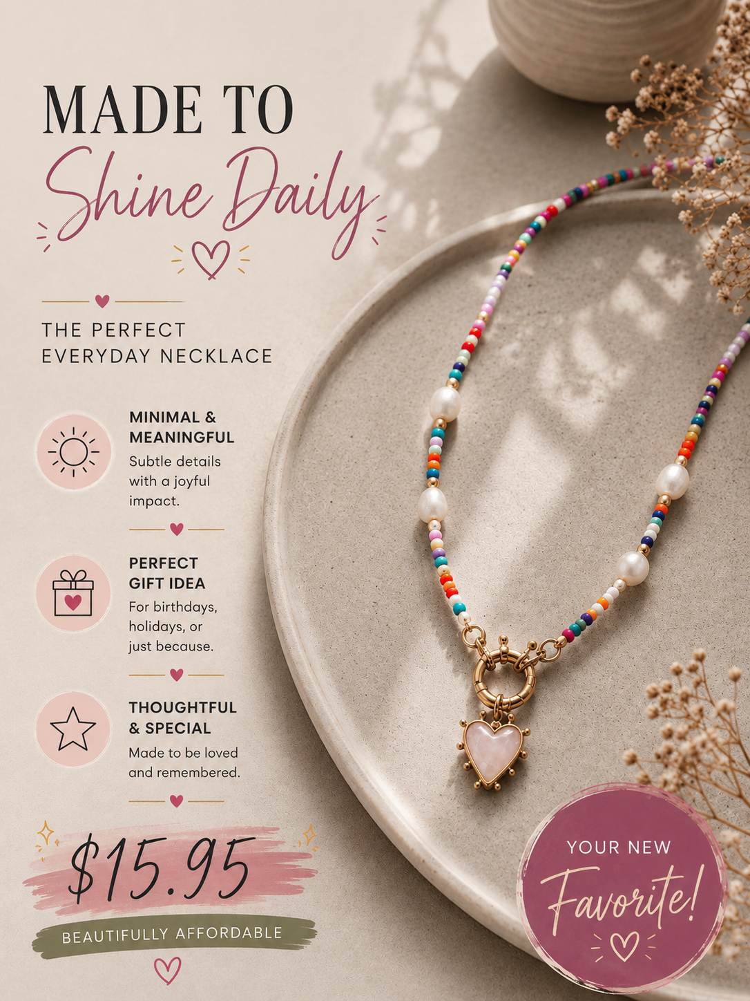 Heart pendant colorful necklace