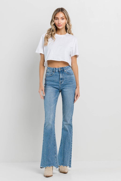 High Rise Frayed Flare: 9, Medium Denim, Flare