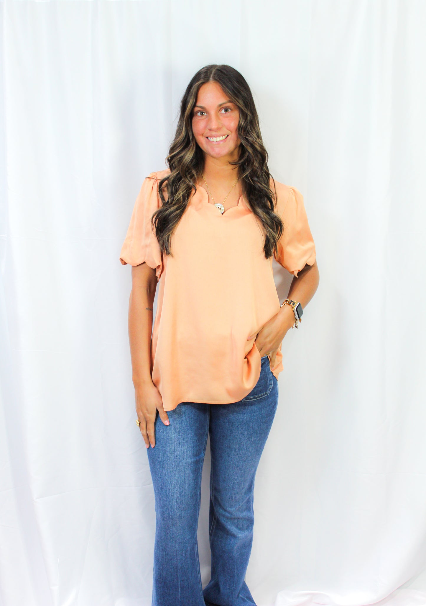 Scalloped V Neck Blouse: Grapefruit