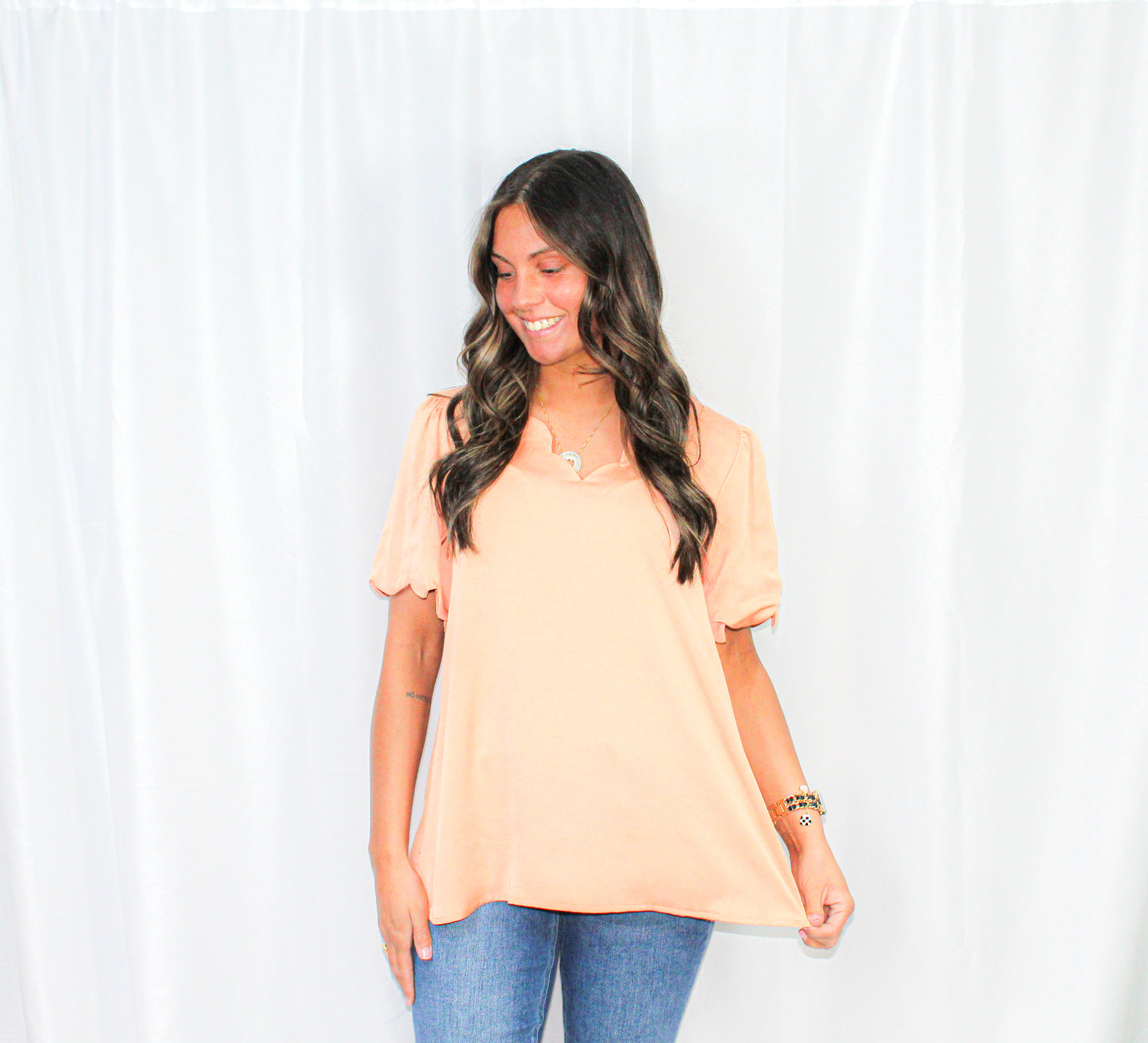 Scalloped V Neck Blouse: Grapefruit